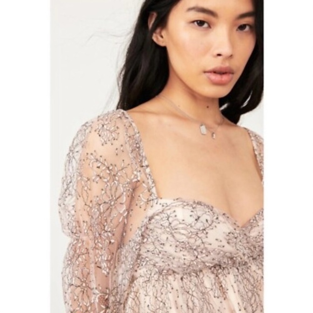 Free People Heavenly Lace Tunic in Champagne Toast Size Medium Cream Sheer